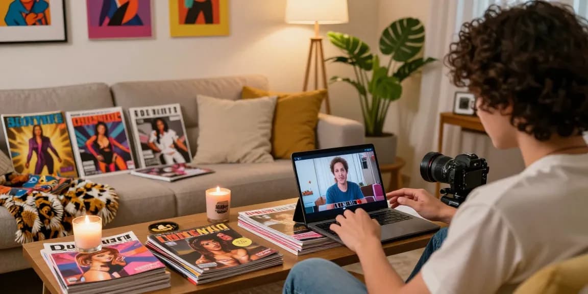 Engaging amateur porn archive scene in a cozy living room with magazines and digital content.