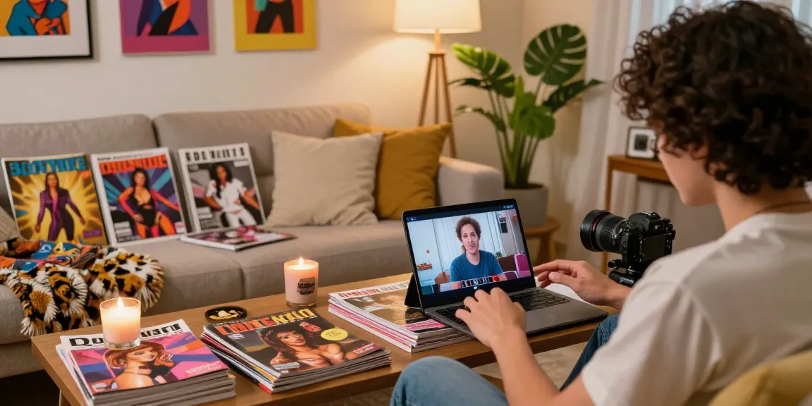 Engaging amateur porn archive scene in a cozy living room with magazines and digital content.