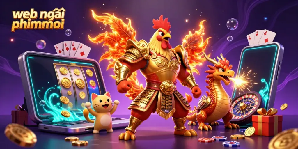 High-energy illustration showcasing web mới phimmoi with a rooster warrior, dragon hatchling, and casino elements.