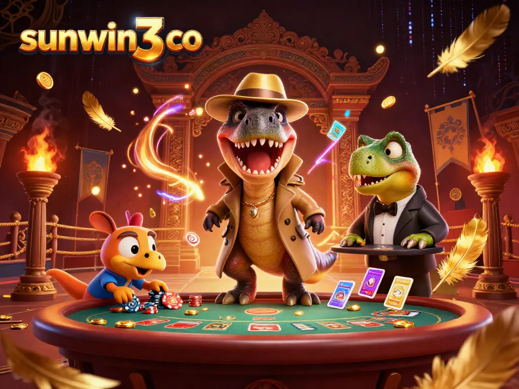 Experience the thrill of sunwin3 co with a velociraptor card counter at a blackjack table amid rich casino elements.