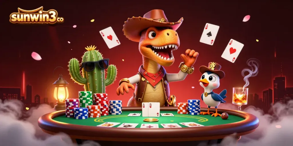 Immerse in casino adventures with sunwin3 co featuring a cowboy dinosaur and poker action.