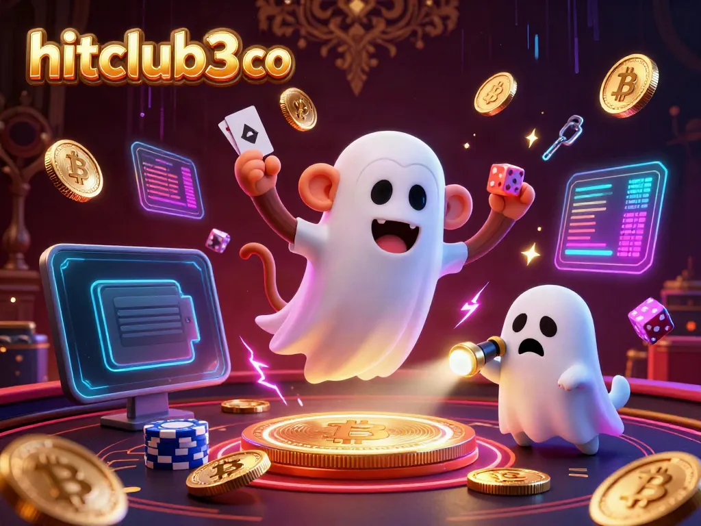 Join the excitement at hitclub3 co with this lively scene featuring a mischievous monkey and a puppy in a haunted casino atmosphere.