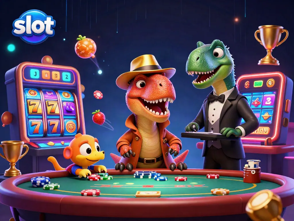 Experience thrilling slot action with a velociraptor card counter among vibrant casino elements.