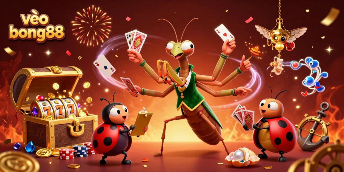Join the excitement at vào bong88 with a vibrant casino illustration of a giant praying mantis dealing cards.