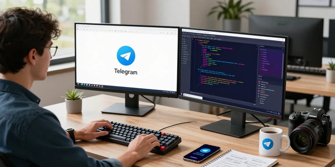 Download Telegram on a dual-monitor setup showcasing the app interface and vibrant coding scene in a modern workspace.