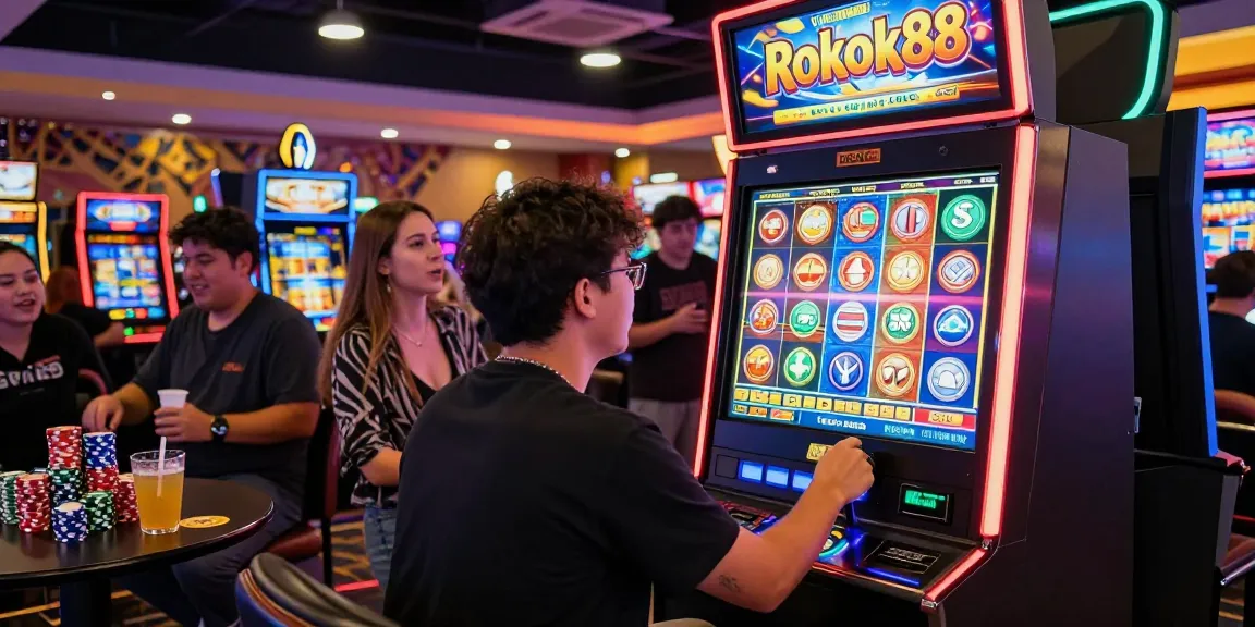Excited player at rokok88 slot machine in a vibrant casino.