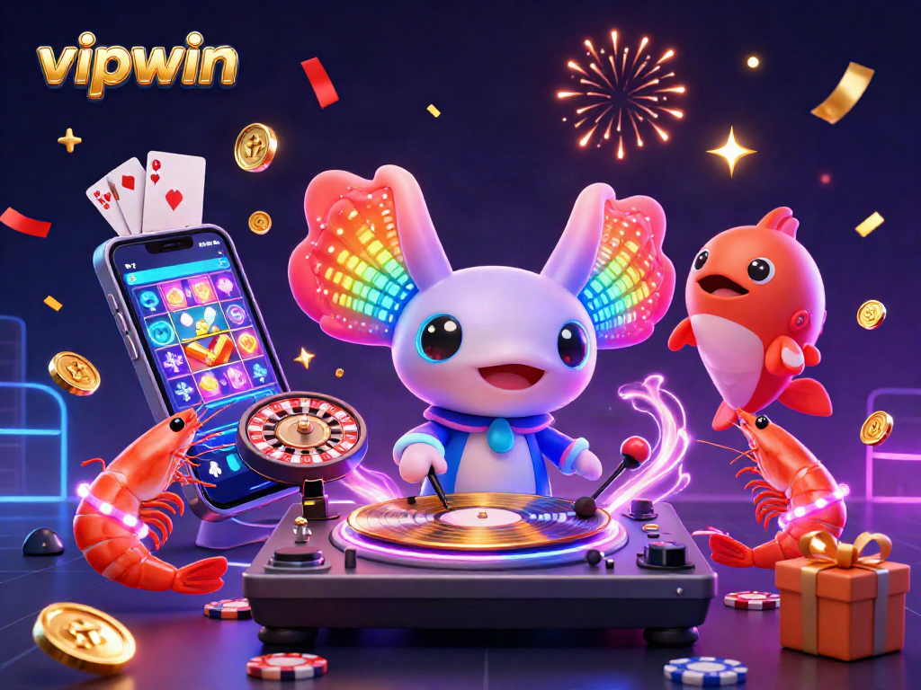 Experience the vibrant action of vipwin with dynamic casino elements in this colorful illustration.