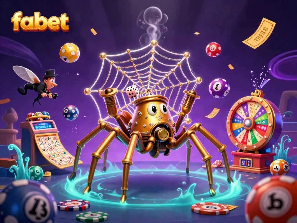 Catch golden dice in the intricate web of the fabet spider in a colorful casino ambiance.
