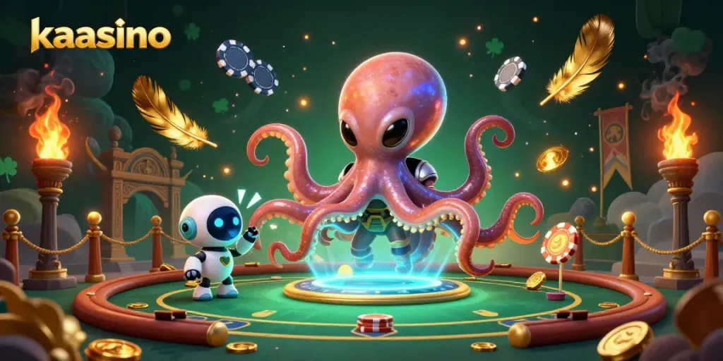 Experience the excitement of kaasino with a vibrant alien octopus at a holographic poker table.