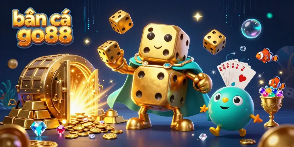 Engage in bắn cá go88 with a vibrant 3D scene featuring aquatic creatures, treasure vaults, and energetic game elements.
