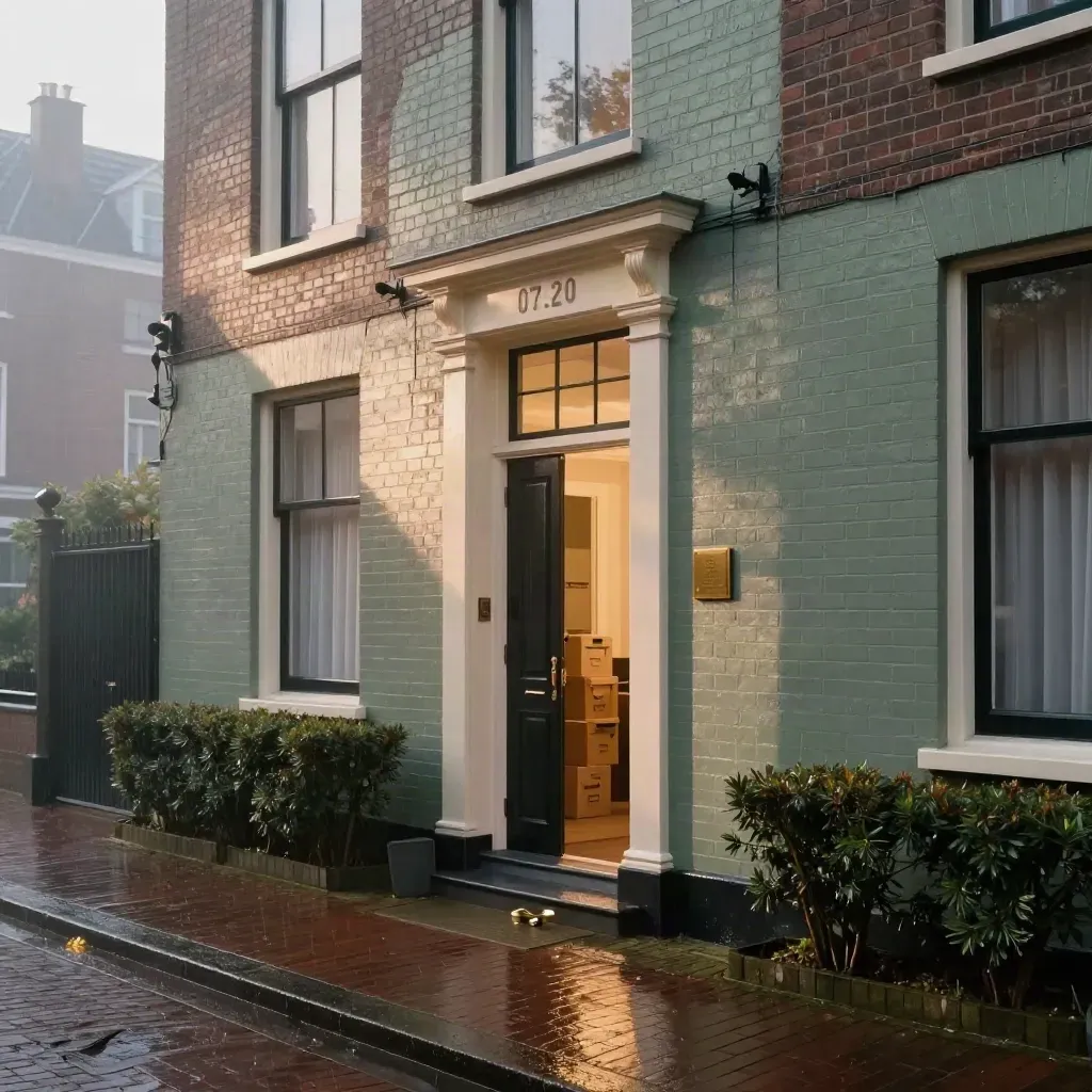 Voordeur van een Nederlandse koopwoning met verhuisdozen, sleutelbakje en natte bakstenen.