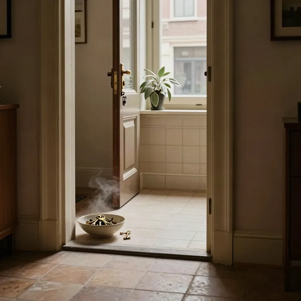 Brass sleutels in een keramische schaal bij een halfopen voordeur in een Utrechts appartement.