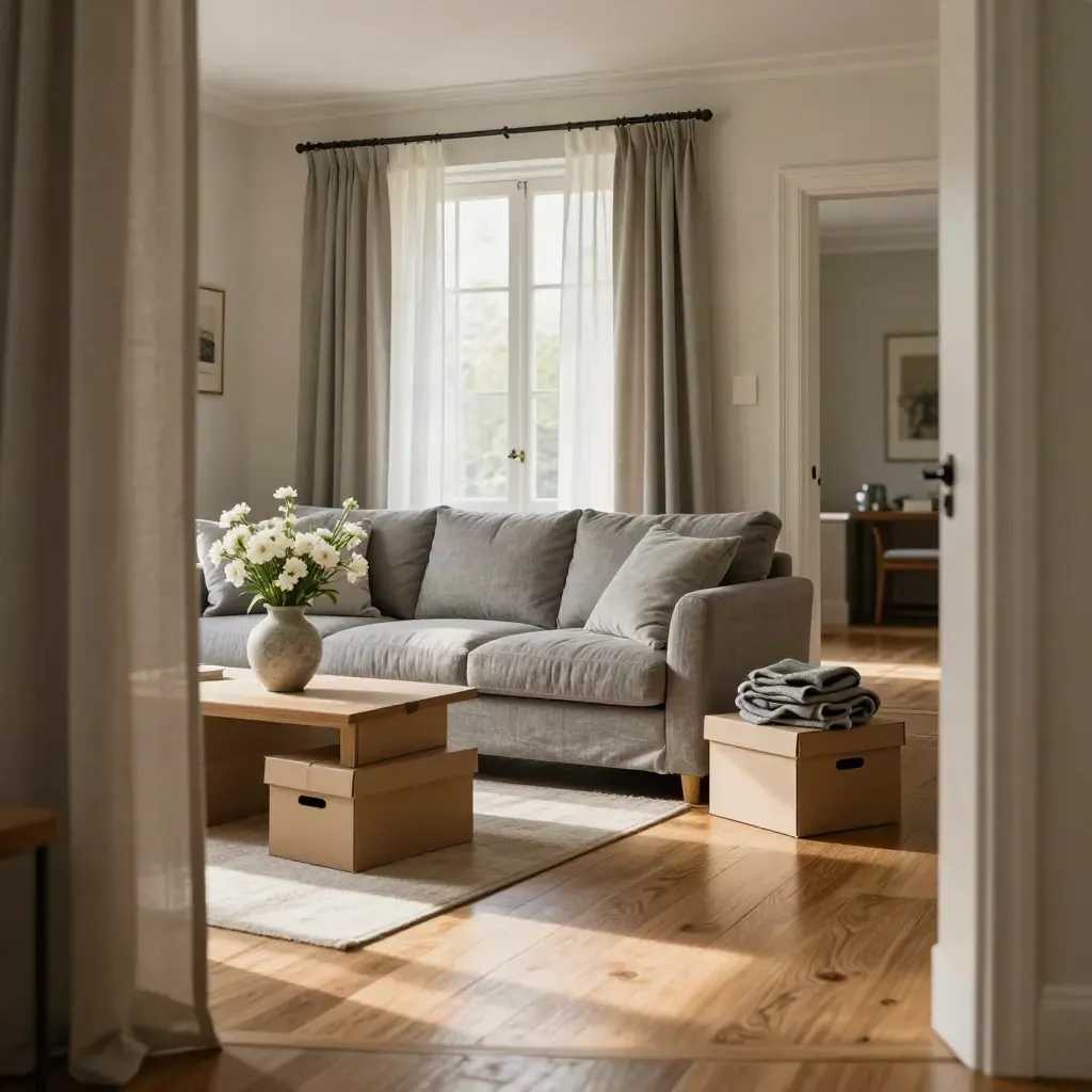 Gestileerde, lichte woonkamer met verhuisdozen, bloemen en ochtendlicht op houten vloer.