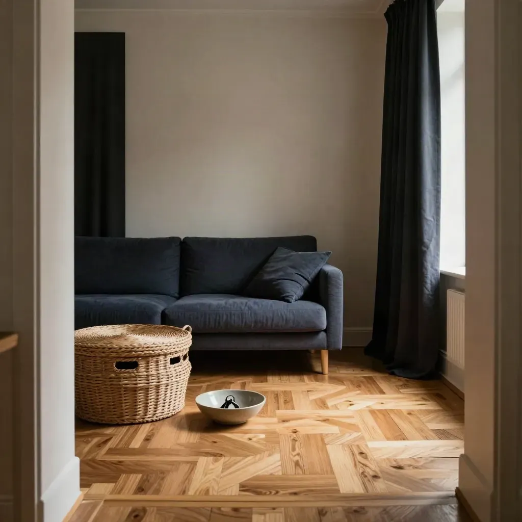 Verhuurklaar appartement met parquet, manden, sleutelkom en zwarte gordijnen in rustig daglicht.
