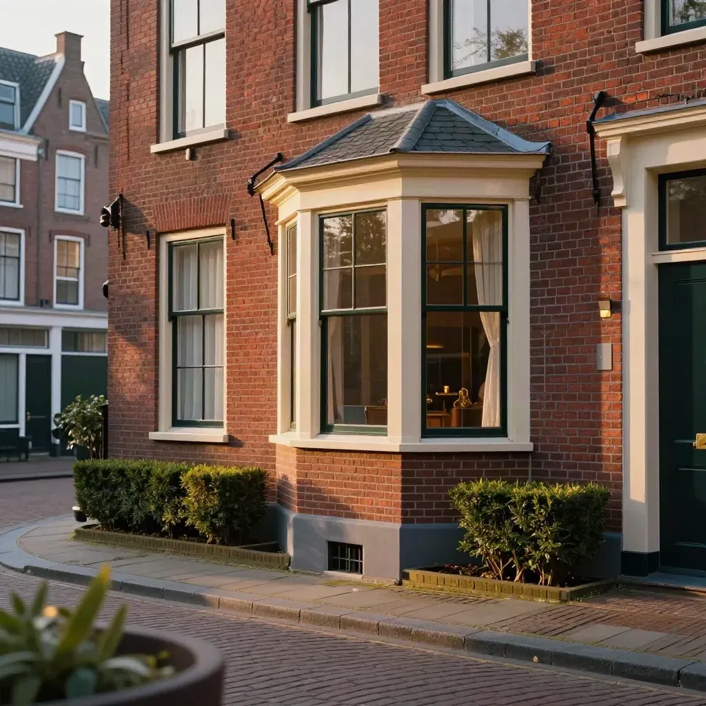 Stadshuis met strak metselwerk en bay window in zacht avondlicht, voor gratis waardebepaling.