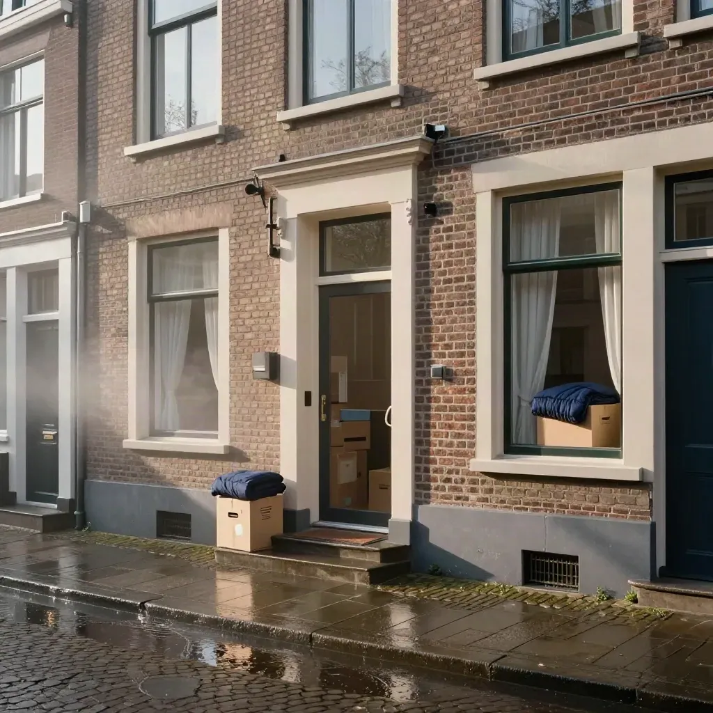 Amersfoort rijtjeshuis met open gordijnen, verhuisdozen en natte stoep in ochtendlicht
