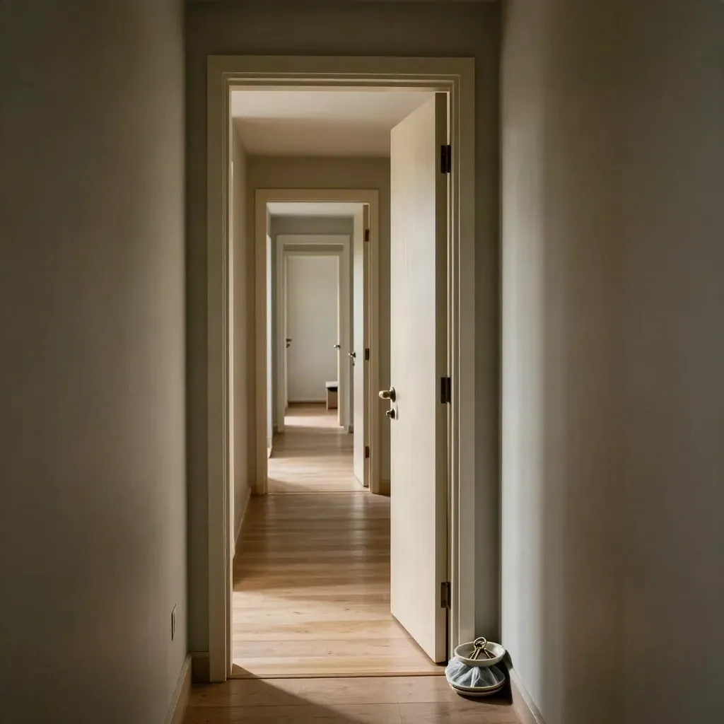 Lange gang met open deuren, licht in aaneengeschakelde kamers, sleutels en schoenhoezen bij de entree.