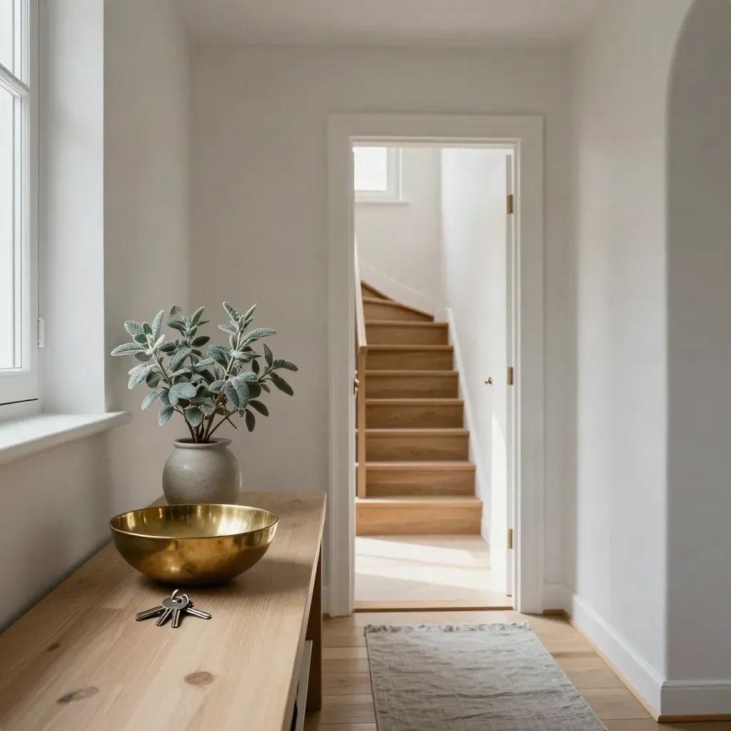 Compact Utrecht appartement met trap, sleutelschaal, plant en frisse muren in zacht daglicht.