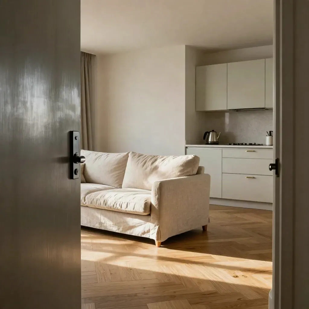 Open verhuurappartement met sofa, beddengoed, keukenhoek en sleutelkastje bij de deur.