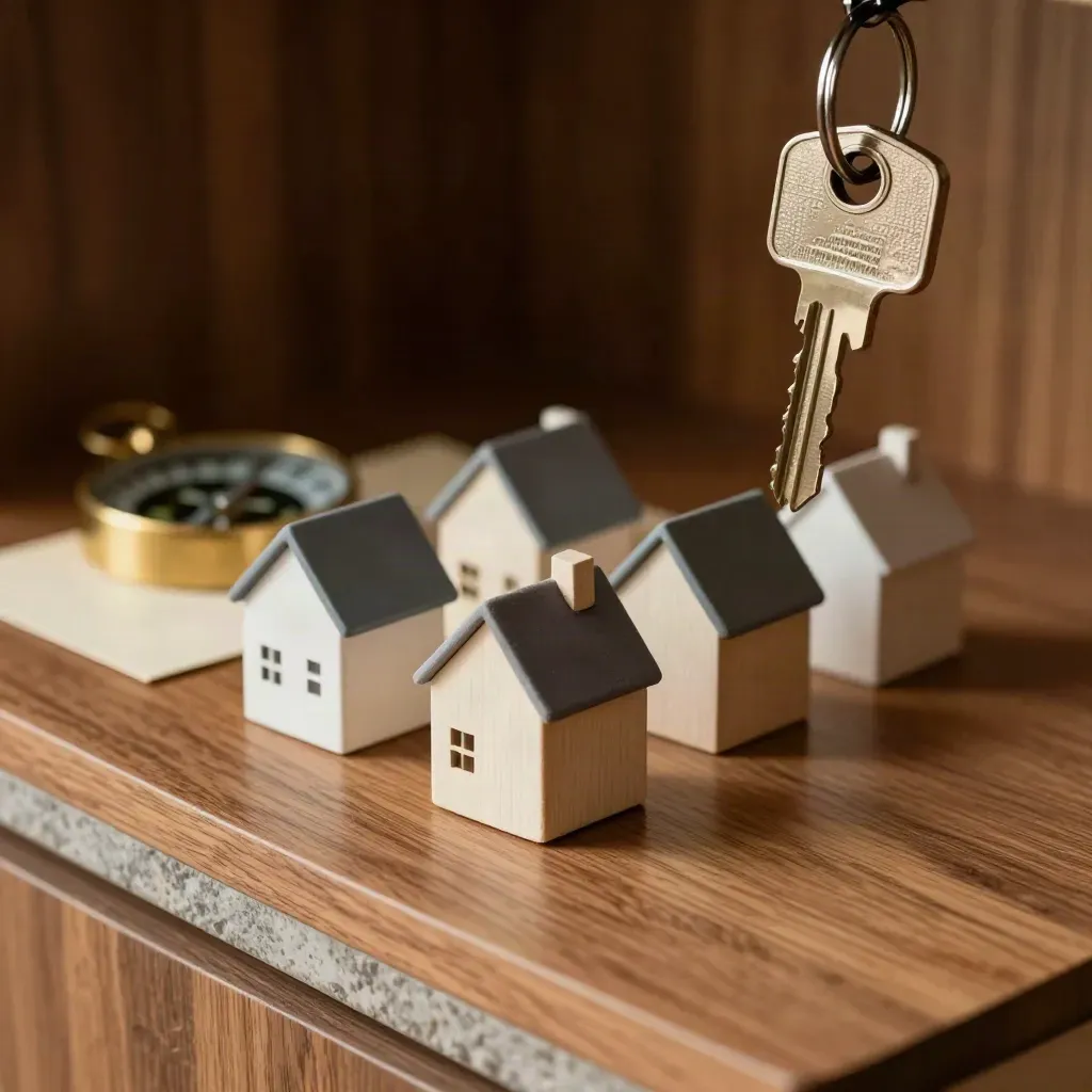 Compacte sleutel, kompas en drie huisjes op warm houten display met dramatisch licht.