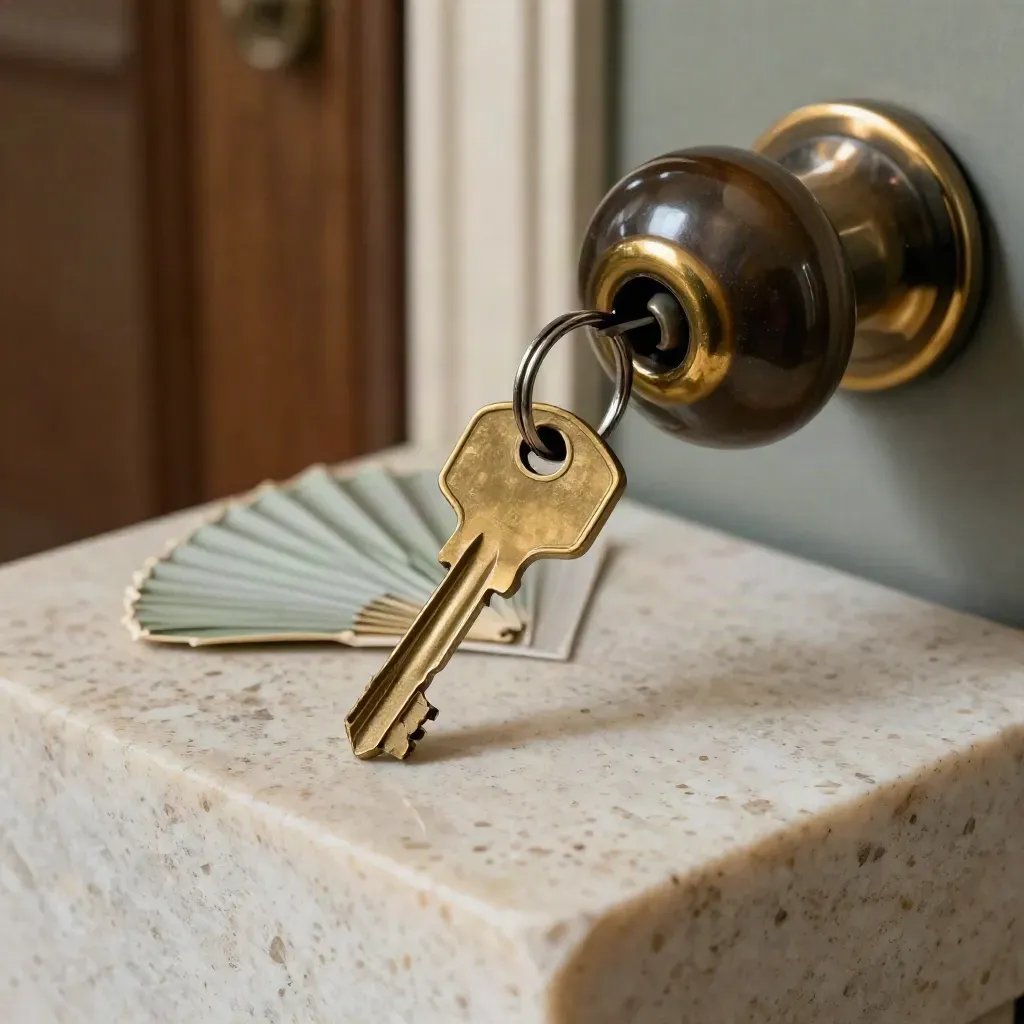 Brass keyring, huissleutel, deurbeslag en verfstaaltjes op travertin in zachte macro.