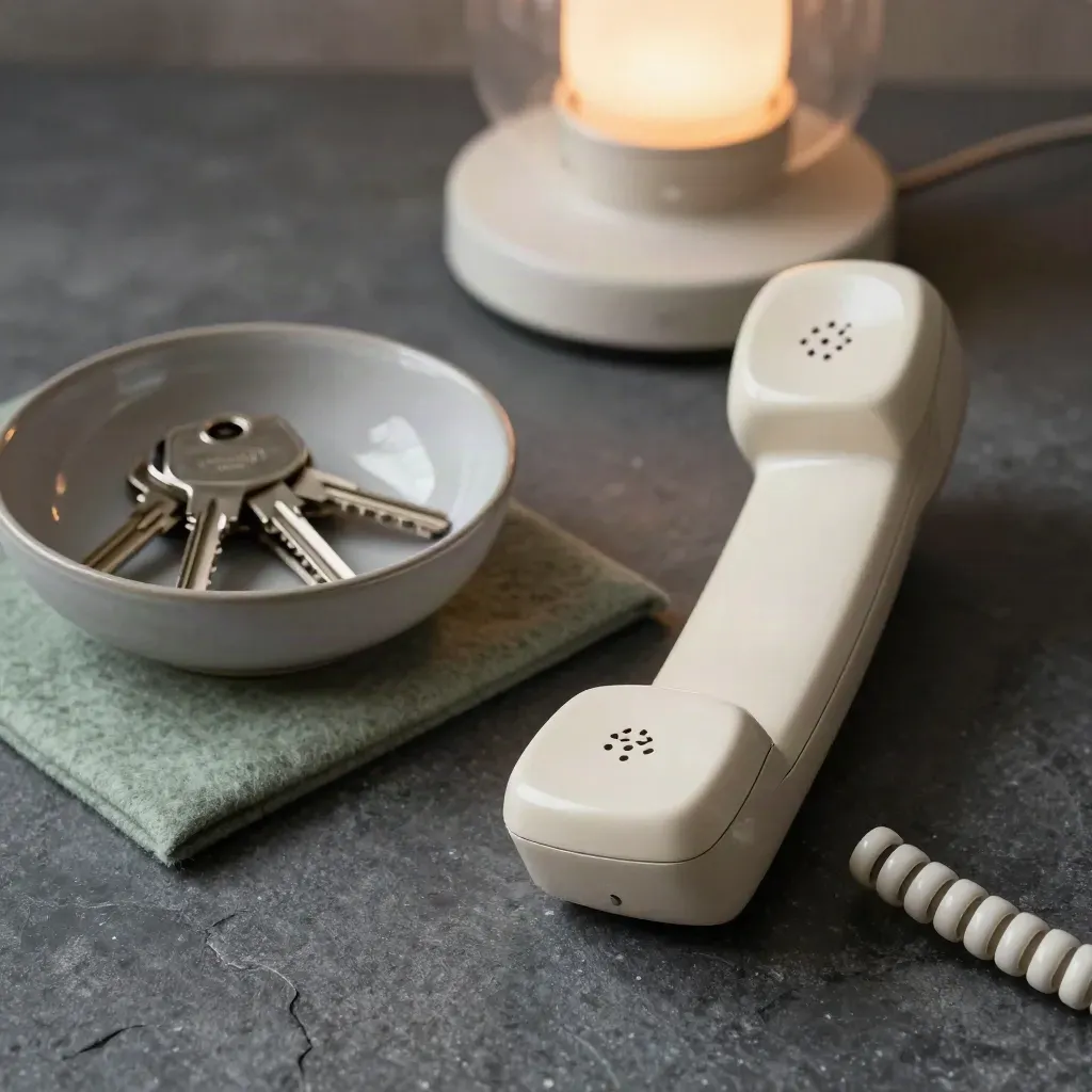 Telefoonhoorn naast sleutels en lampvoet op donker steen met zacht warm licht.