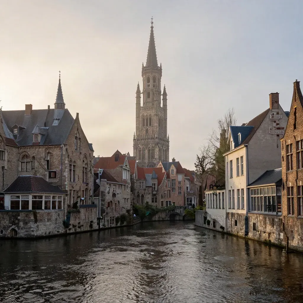 Utrecht met de Domtoren boven de Oudegracht in ochtendmist, rustig water en lege ruimte onderin.