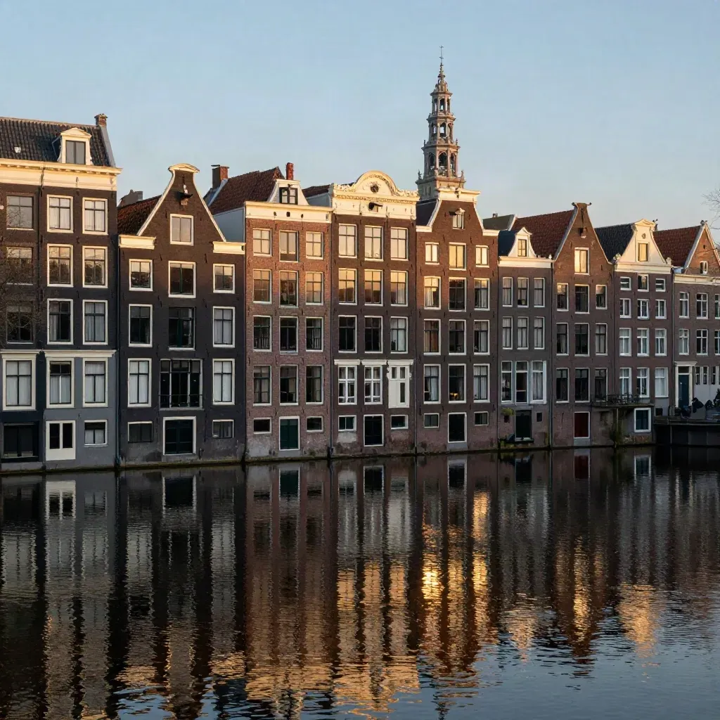 Amsterdamse grachtenhuizen en een kerktoren weerspiegeld in een stille gracht bij zacht ochtendlicht