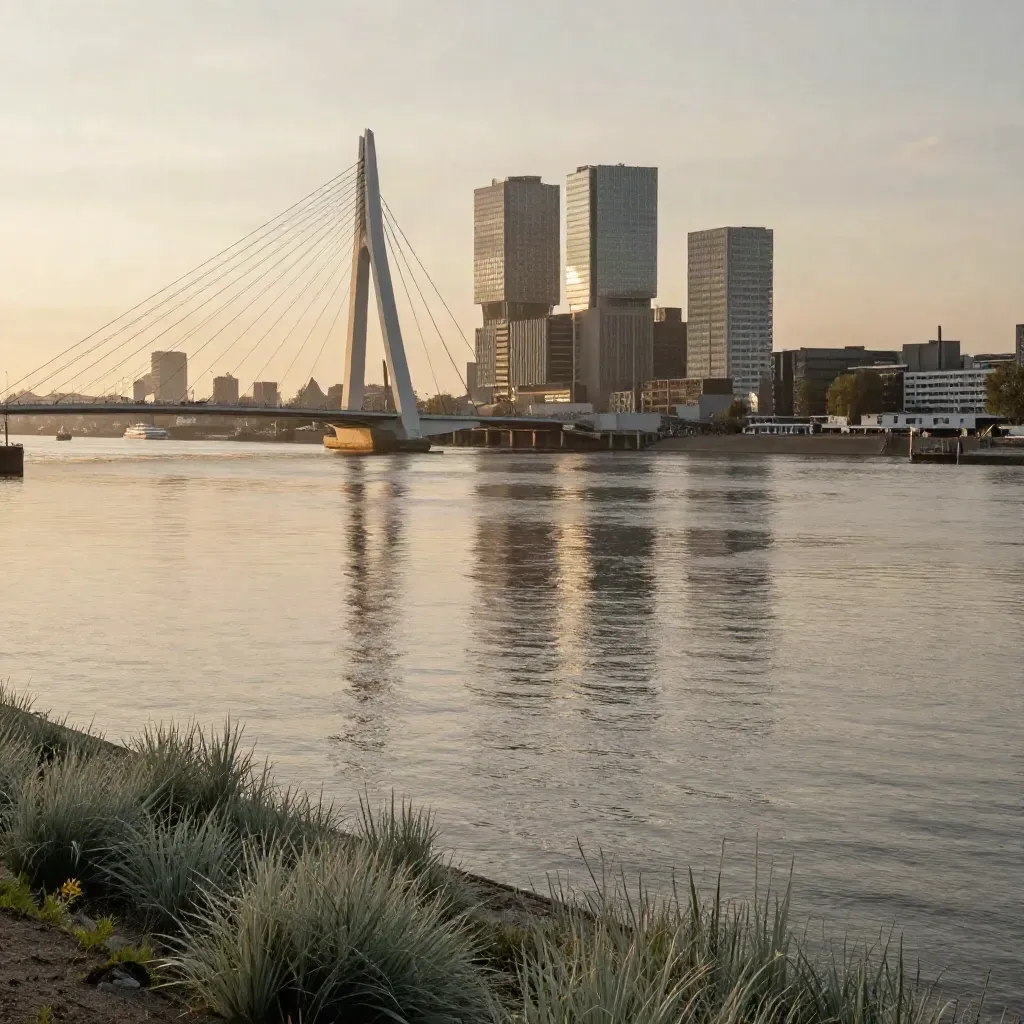Rotterdamse skyline en Erasmusbrug boven de mistige Maas in gouden avondlicht