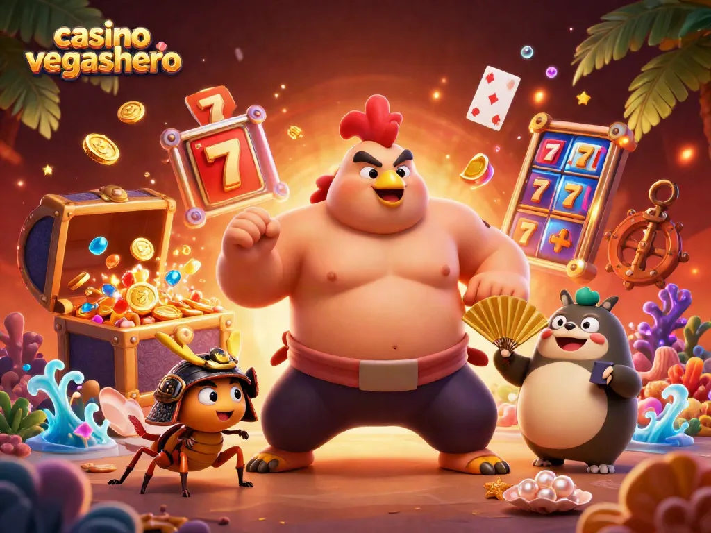 Engaging casino vegashero illustration with a powerful rooster and samurai cricket amidst slot reels and gold.