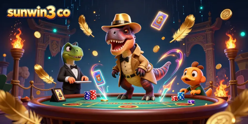 Engaging scene with sunwin3 co featuring a velociraptor card counter, stegosaurus pit boss, and compy pickpocket at a vibrant blackjack table.