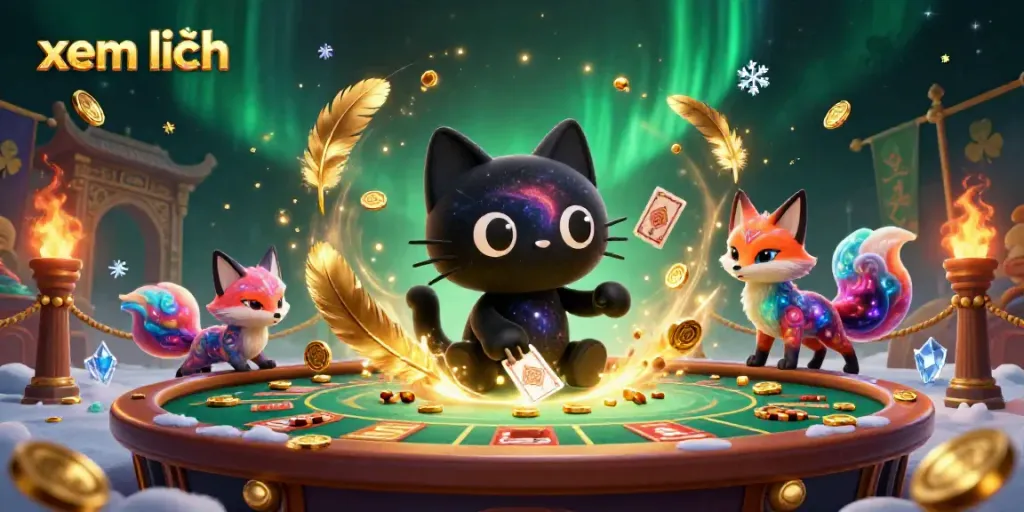 Experience a cosmic casino adventure with the black hole cat and nebula fox as they draw in golden chips and cards, exemplifying excitement in gambling, xem thêm.