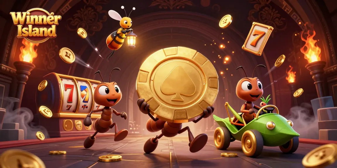 Winner Island: Ants execute a heist with a giant poker chip amidst glimmering casino elements.